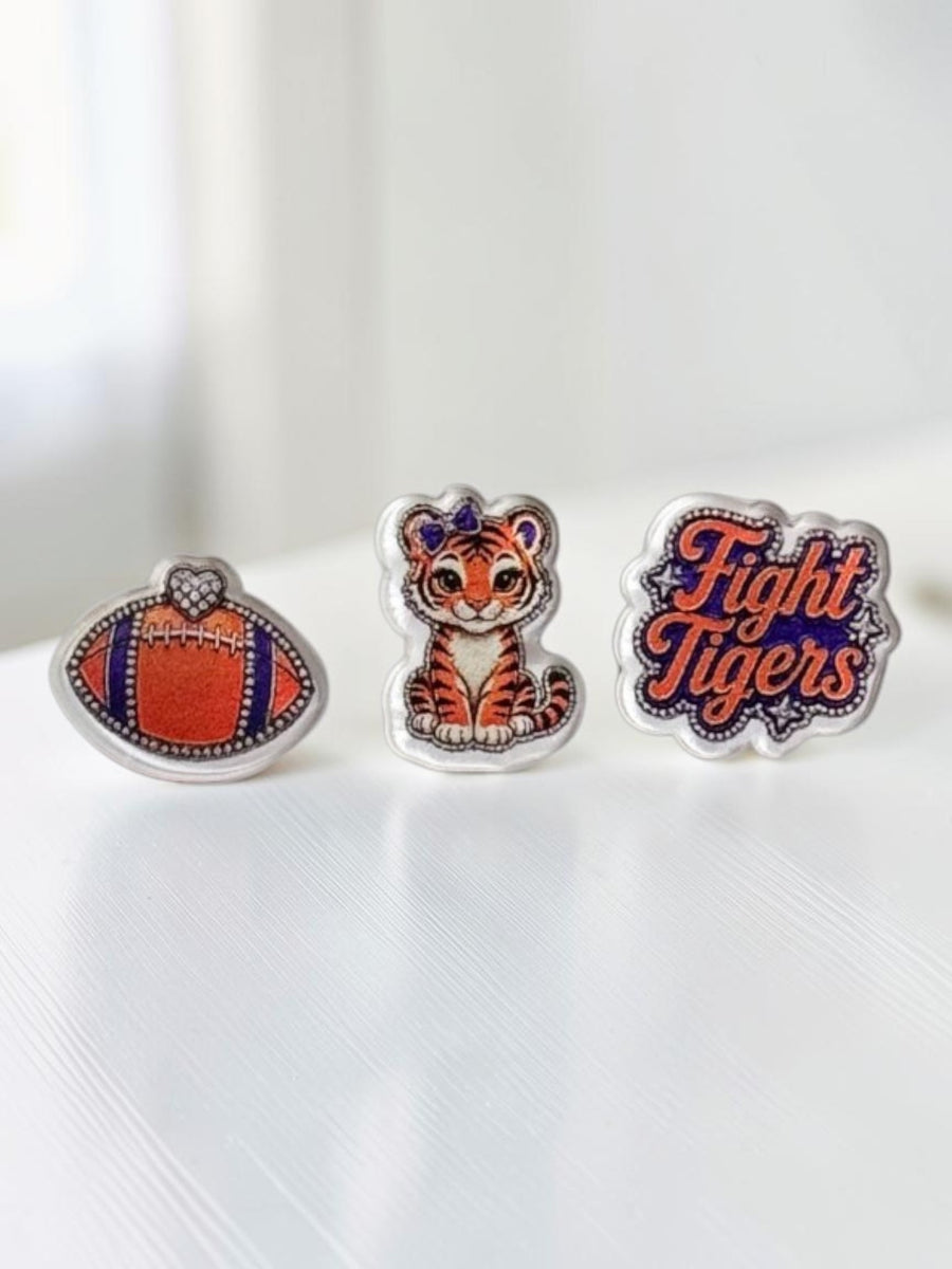 Tiger Football Acrylic Earring Studs | Orange Purple Game Day Gift | Fight Tigers