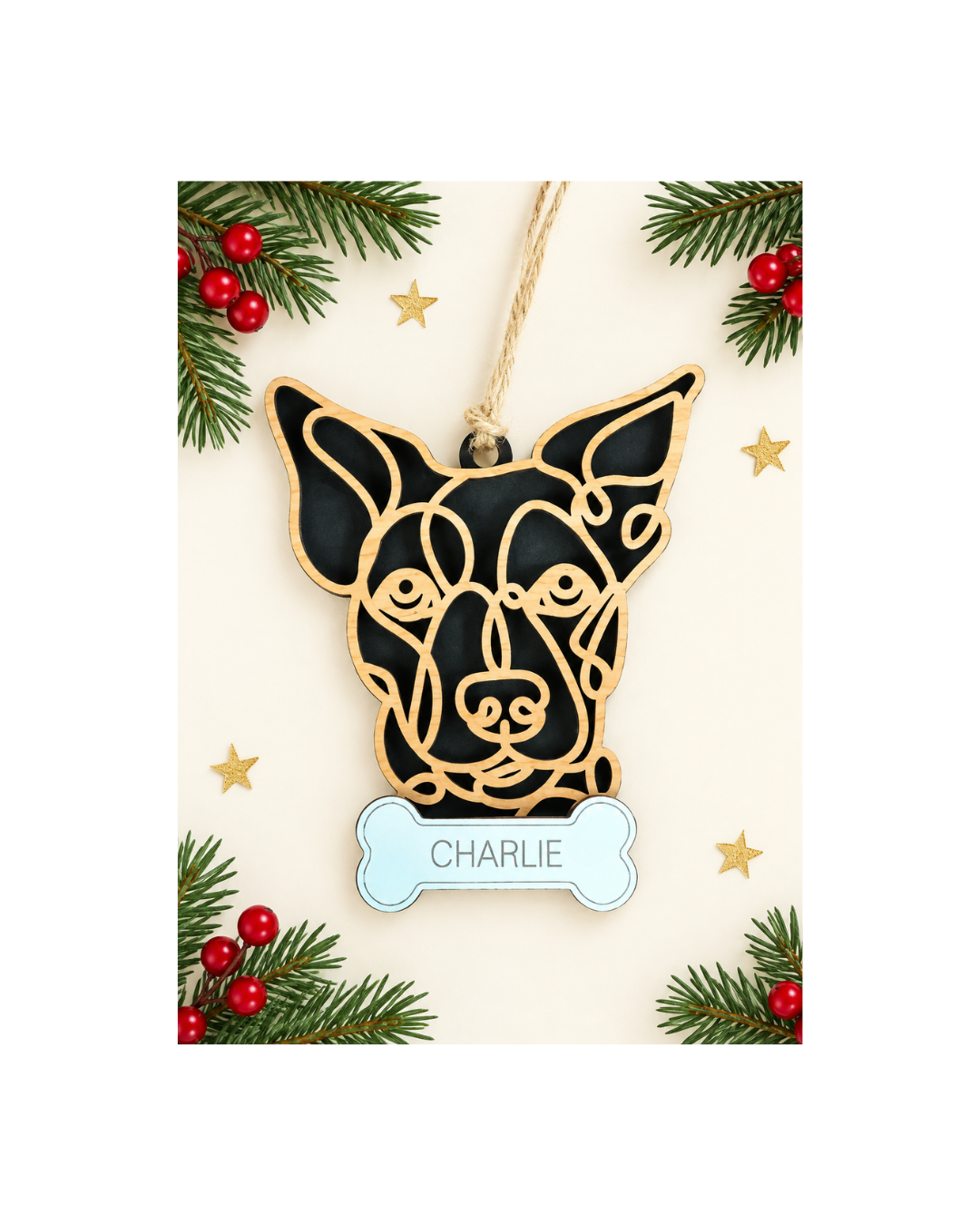 Personalized Jack Russell ornament with bone name plaque; CHARLIE shown as an example