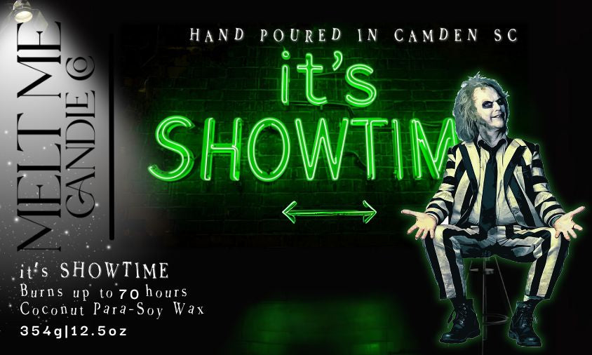 Promotional image for a candle with a neon sign and a person in a striped suit.