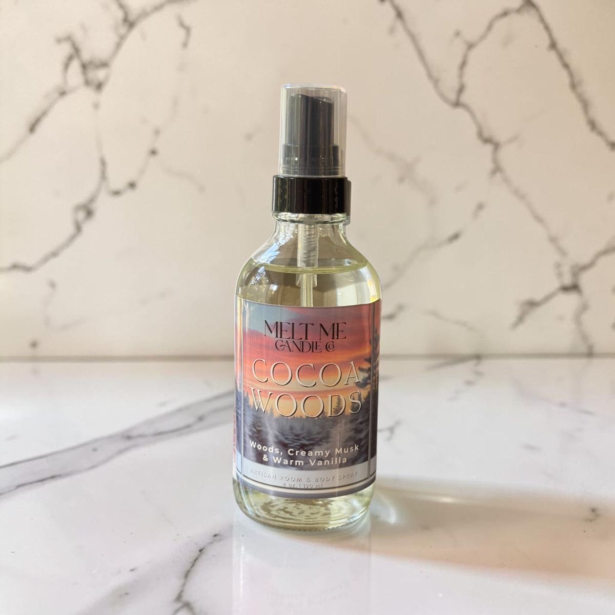 Cocoa Woods 4 oz room and body spray by Melt Me Candle Co