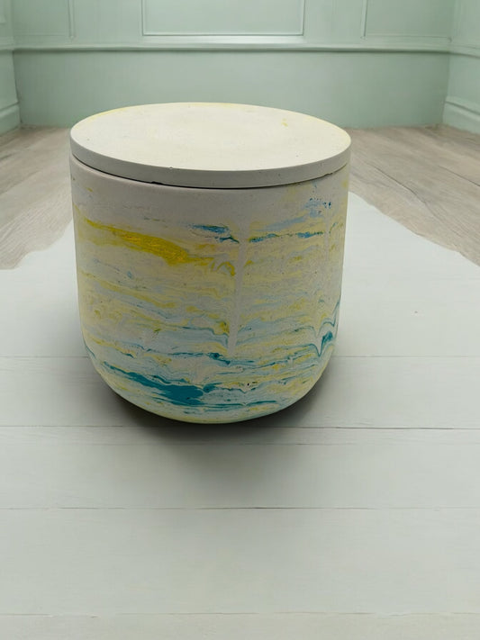 Hand-Poured Concrete Vessel -Subtle Teal & Yellow on White