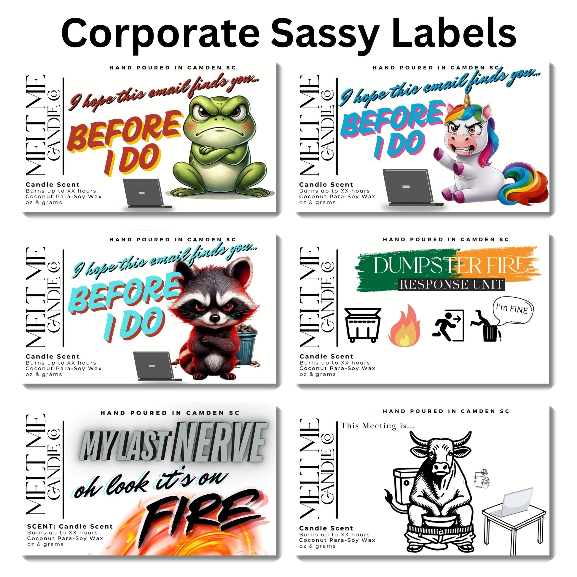 Funny Labels that poke fun at corporations/co-workers and adulting in general. 