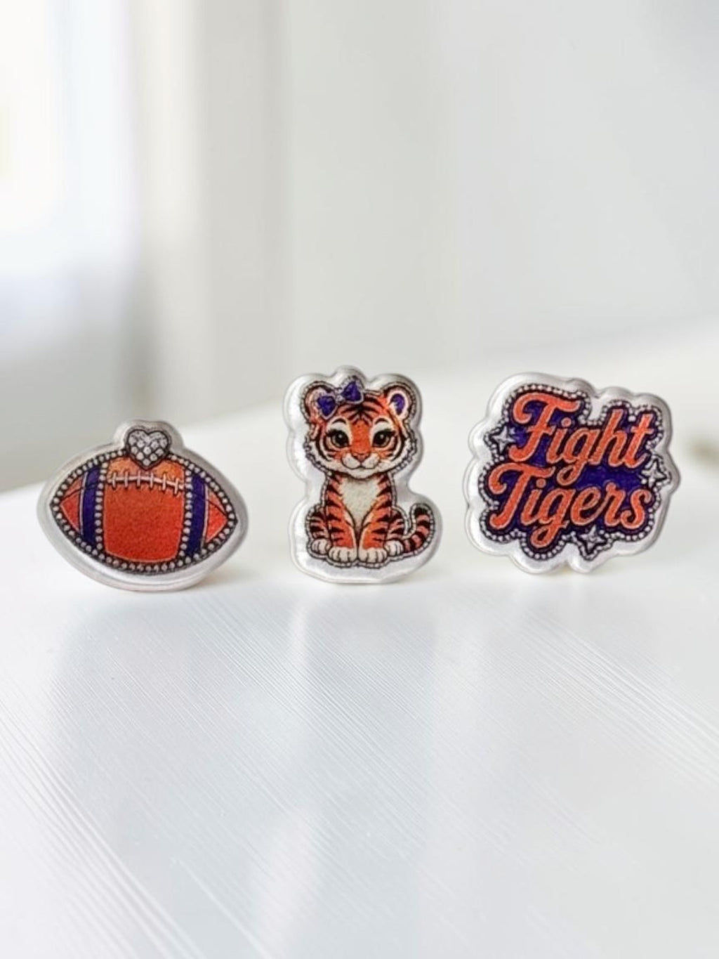 Tiger Football Acrylic Earring Studs | Orange Purple Game Day Gift | Fight Tigers