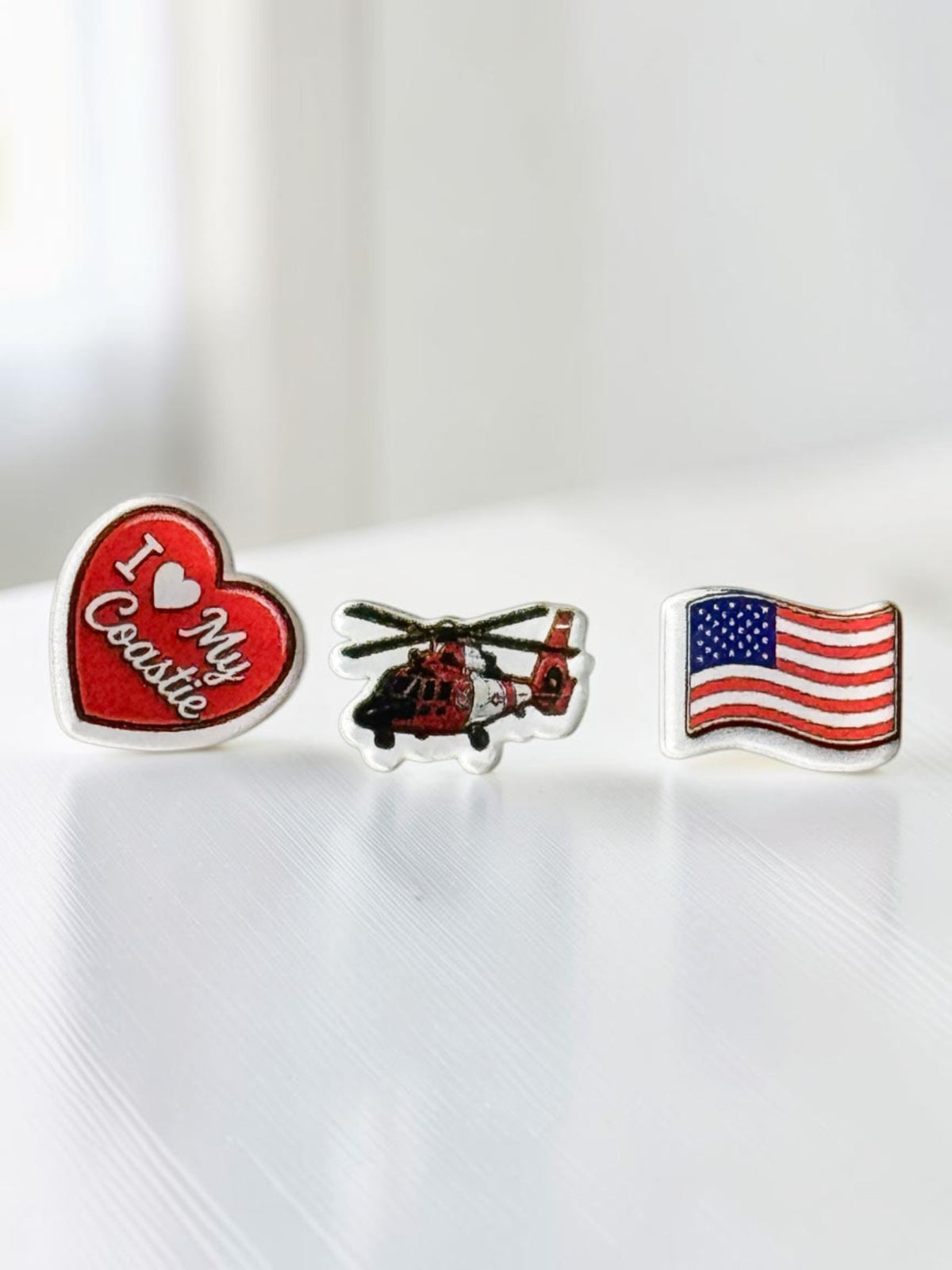 Coastie Flag Helicopter Acrylic Earring Studs | Military Family Gift | I Heart My Coastie