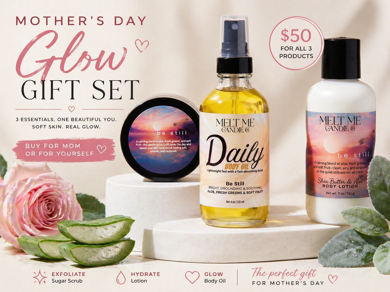 Melt Me Candle Co. Mother's Day gift set with products and promotional text on a light background.