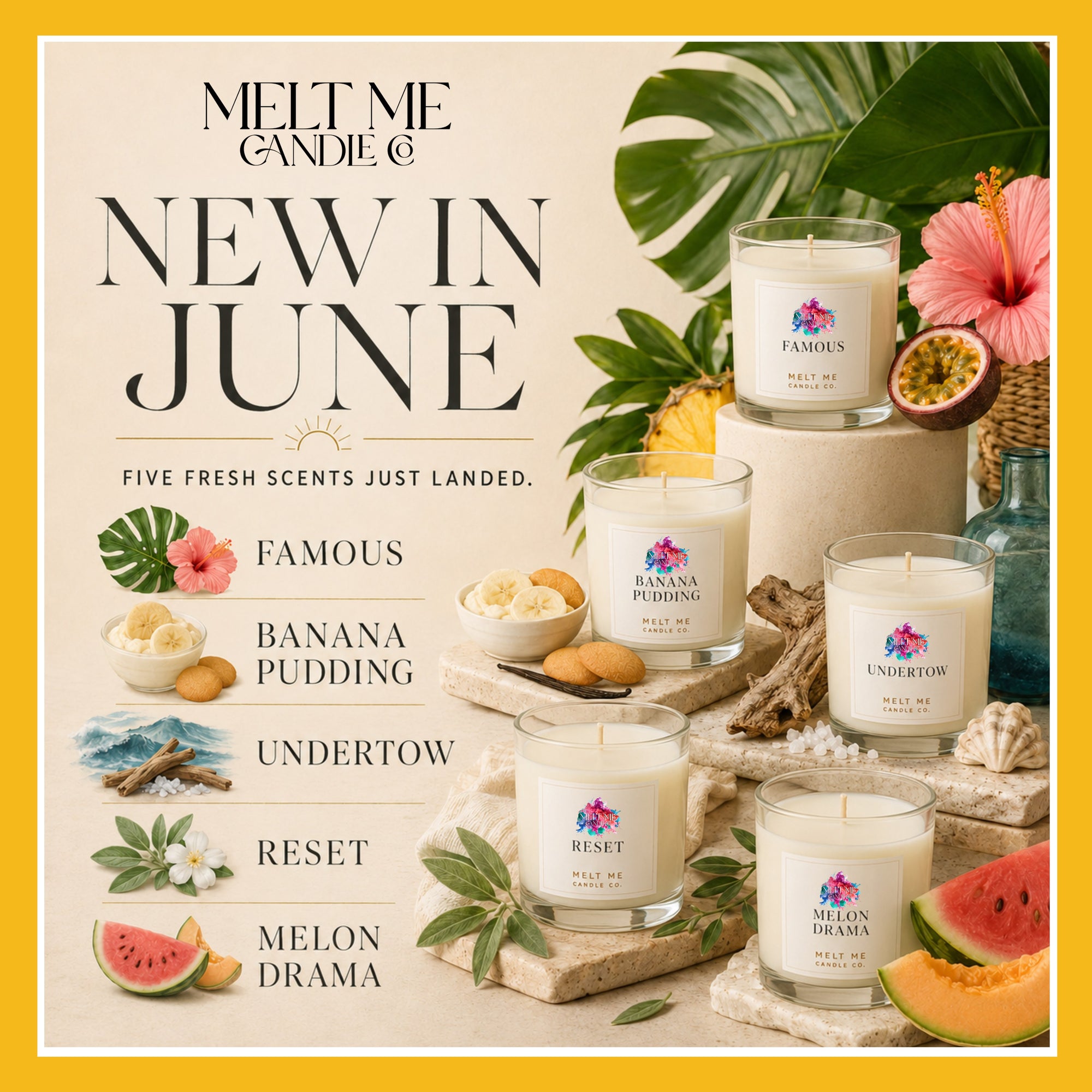 Promotional image of Melt Me Candle with various scented candles and summer-themed elements.