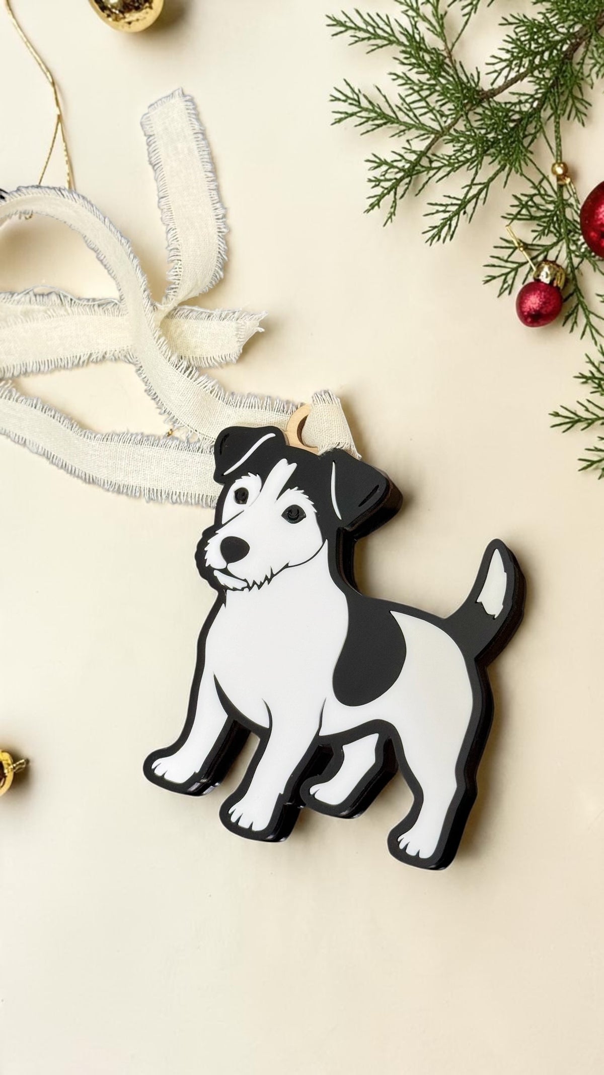 Black and white acrylic Jack Russell Terrier ornament with ribbon and holiday greenery
