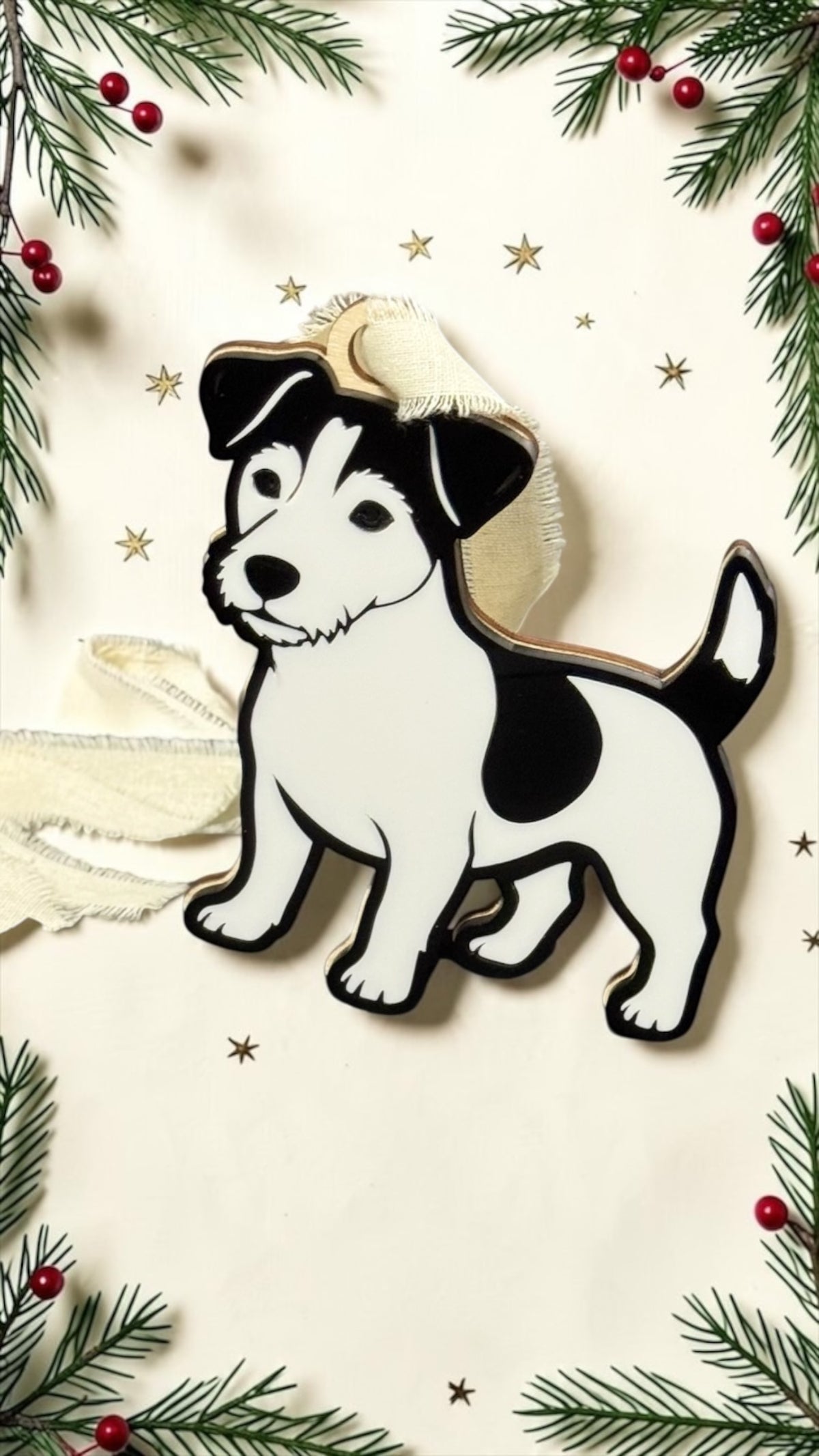 Close-up of black and white acrylic Jack Russell Terrier ornament