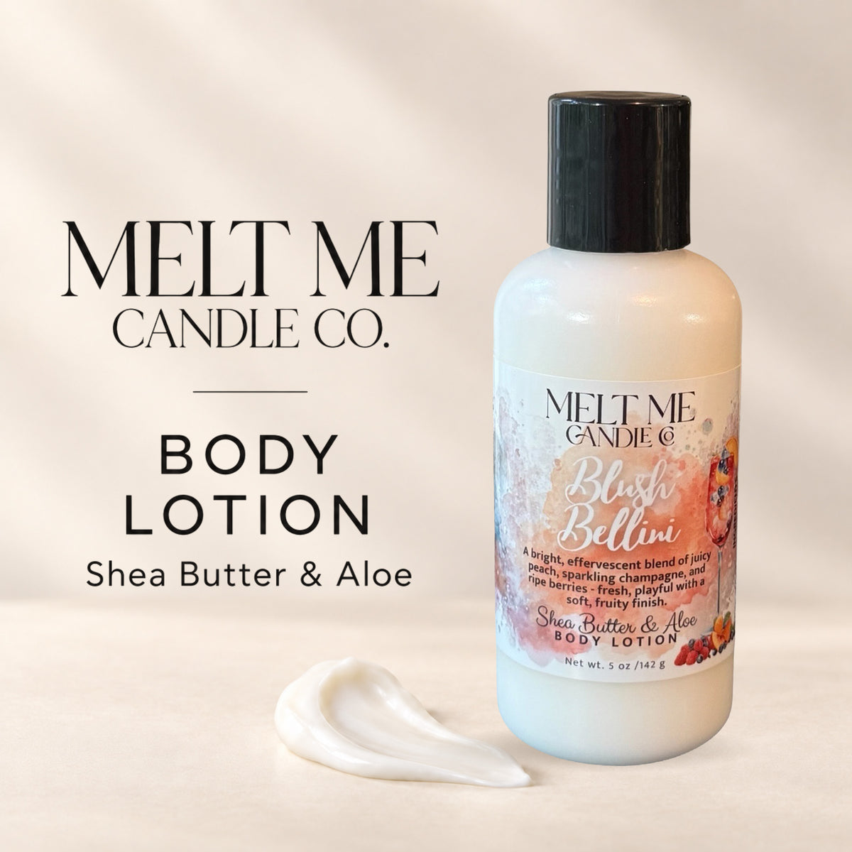 Blush Bellini 5 oz shea butter and aloe body lotion by Melt Me Candle Co
