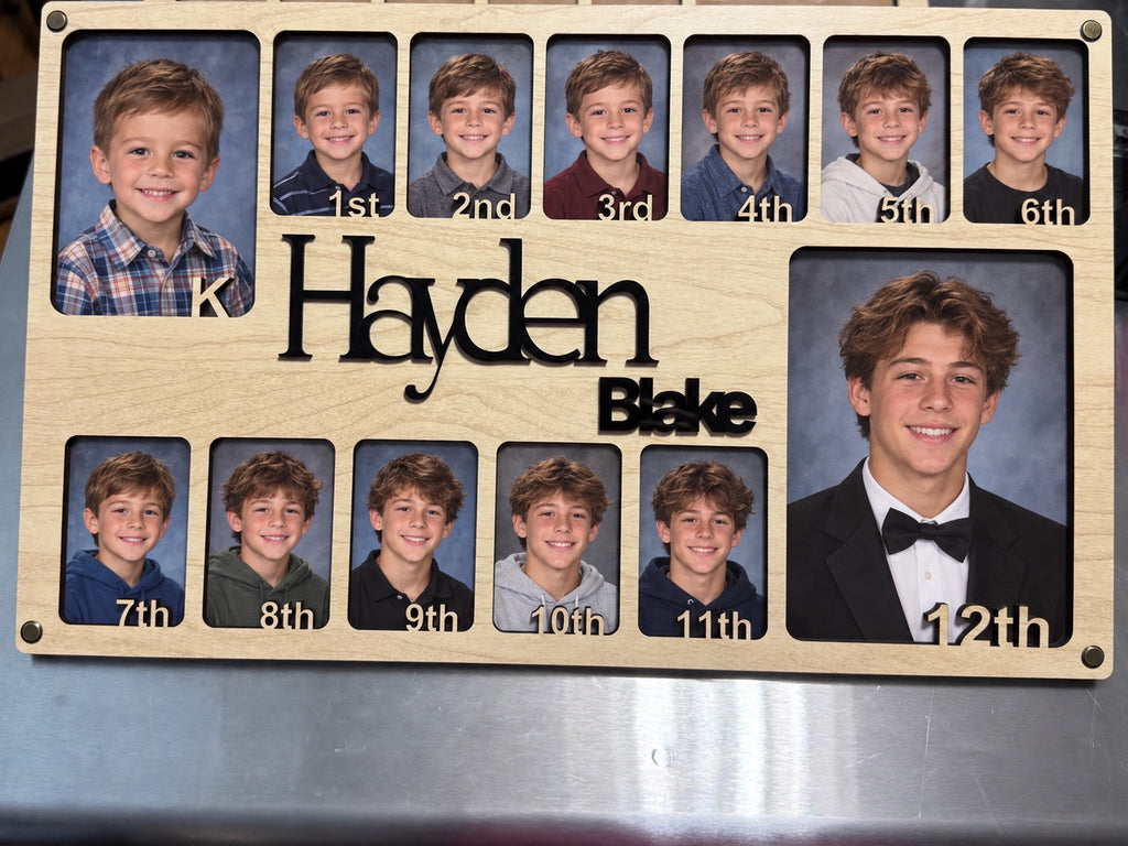 Hayden Blake K-12 milestone photo frame shown with illustrative school portraits