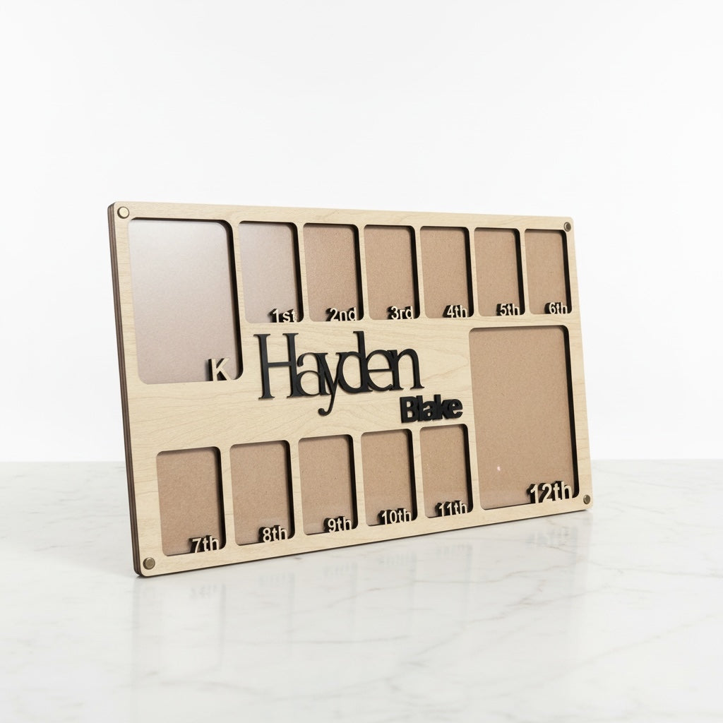 Personalized Hayden Blake K-12 school photo frame displayed on a white marble surface