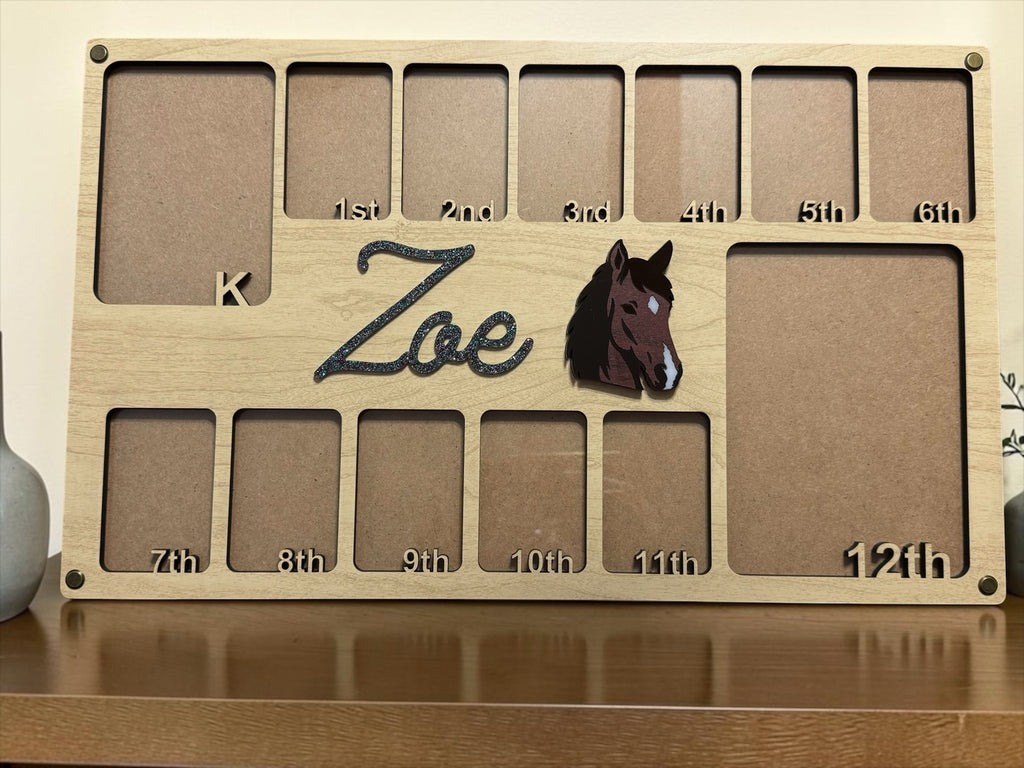Personalized Zoe K-12 school photo frame with optional horse accent displayed on a wooden surface