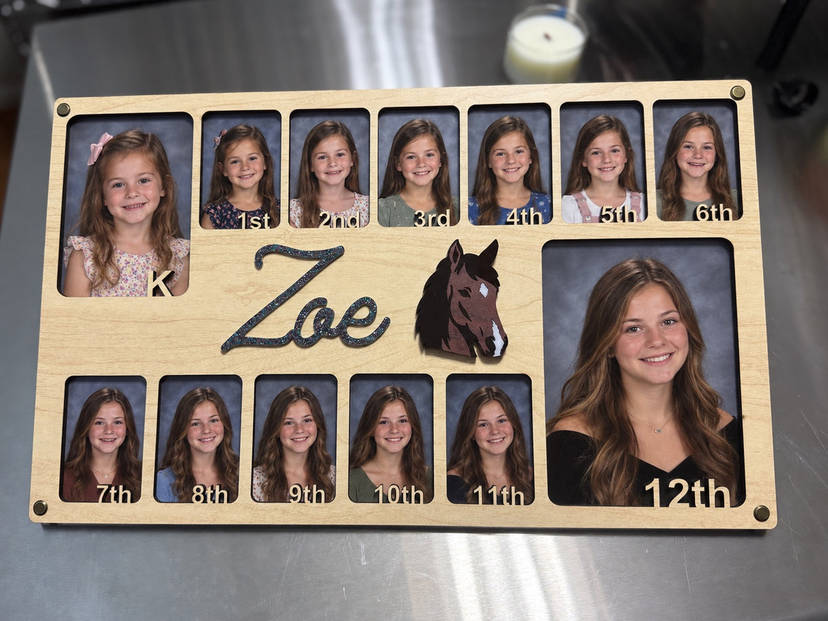 Zoe K-12 milestone photo frame with optional horse accent shown with illustrative school portraits