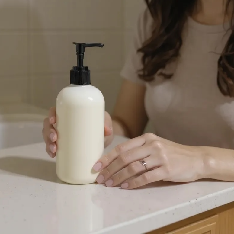 Woman holding a white bottle with a black pump on a bathroom counter.