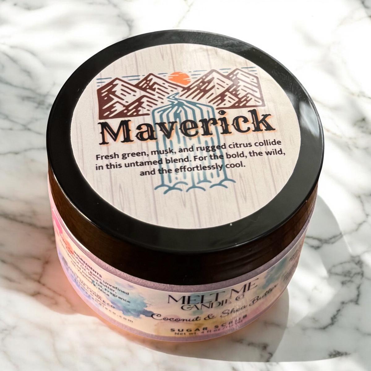 Jar of Melt Me Candle Co. body scrub with 'Maverick' label on a marble surface