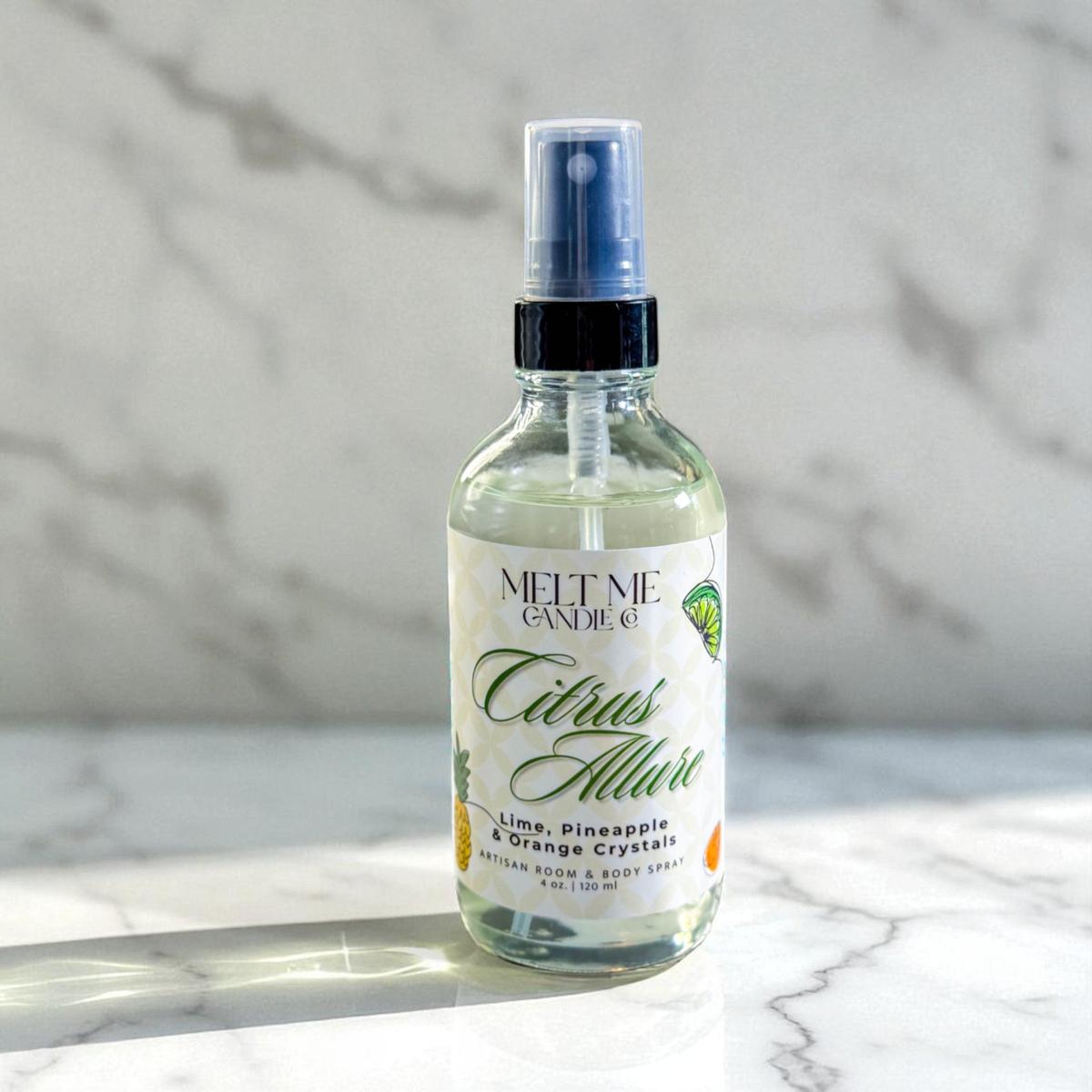 Bottle of 'Citrus Allure' body spray on a marble surface with a marble background