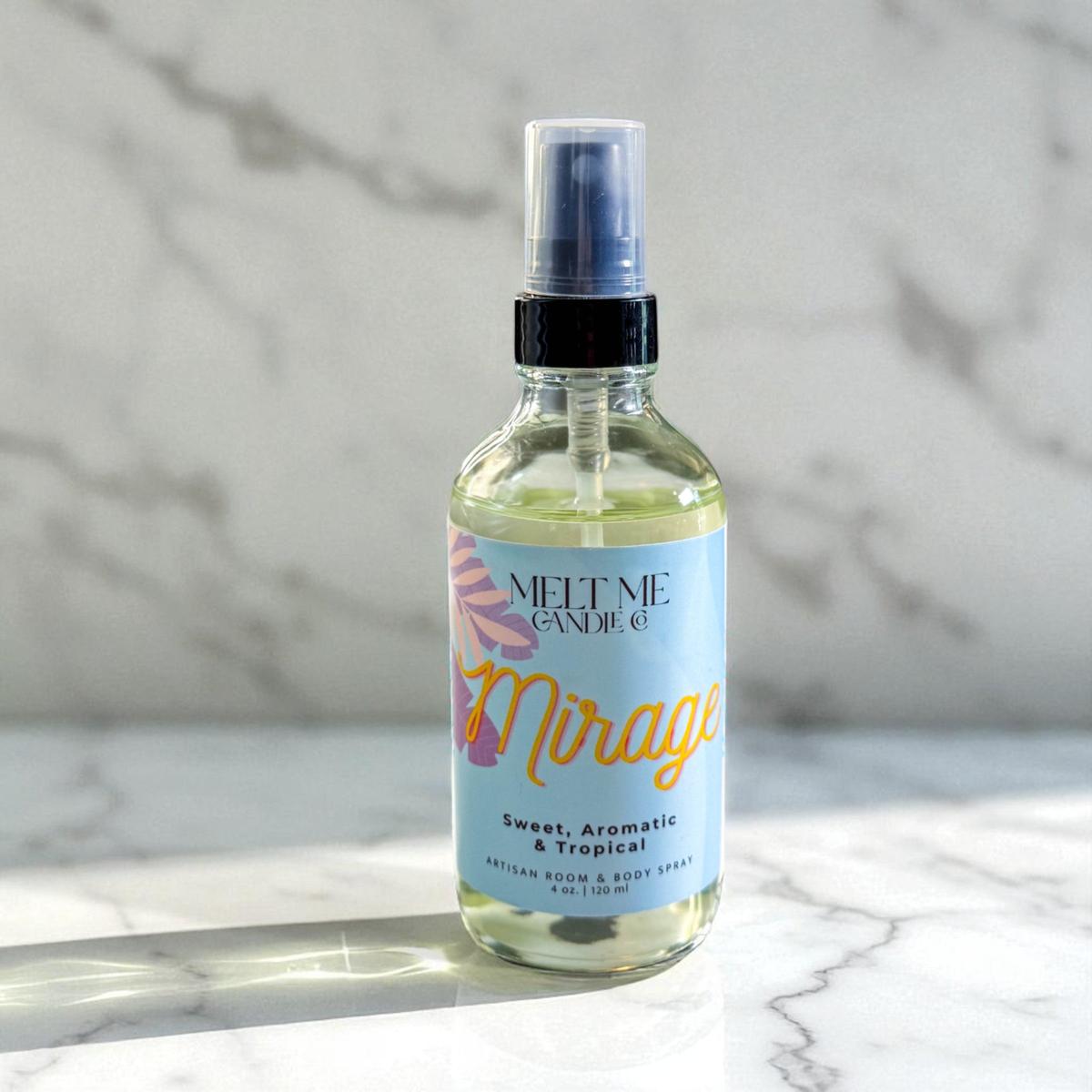 Bottle of 'Mirage' body spray by Melt Me Candle Co. on a marble surface.