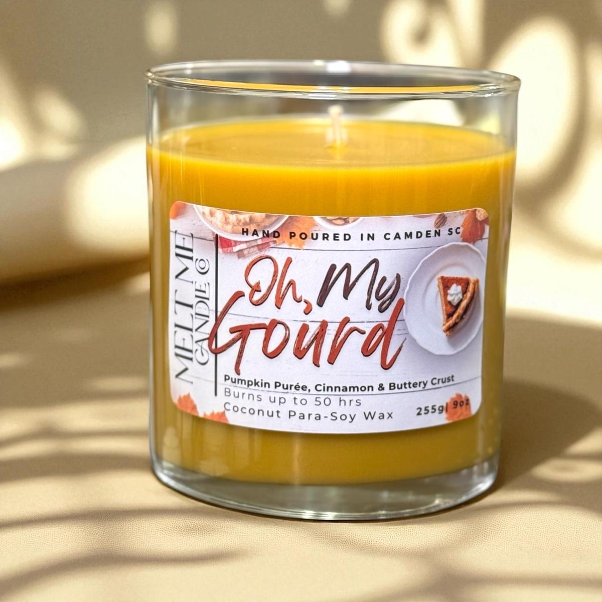 Oh My Gourd candle shown in the older 9 oz vessel; this product is the 12.5 oz candle
