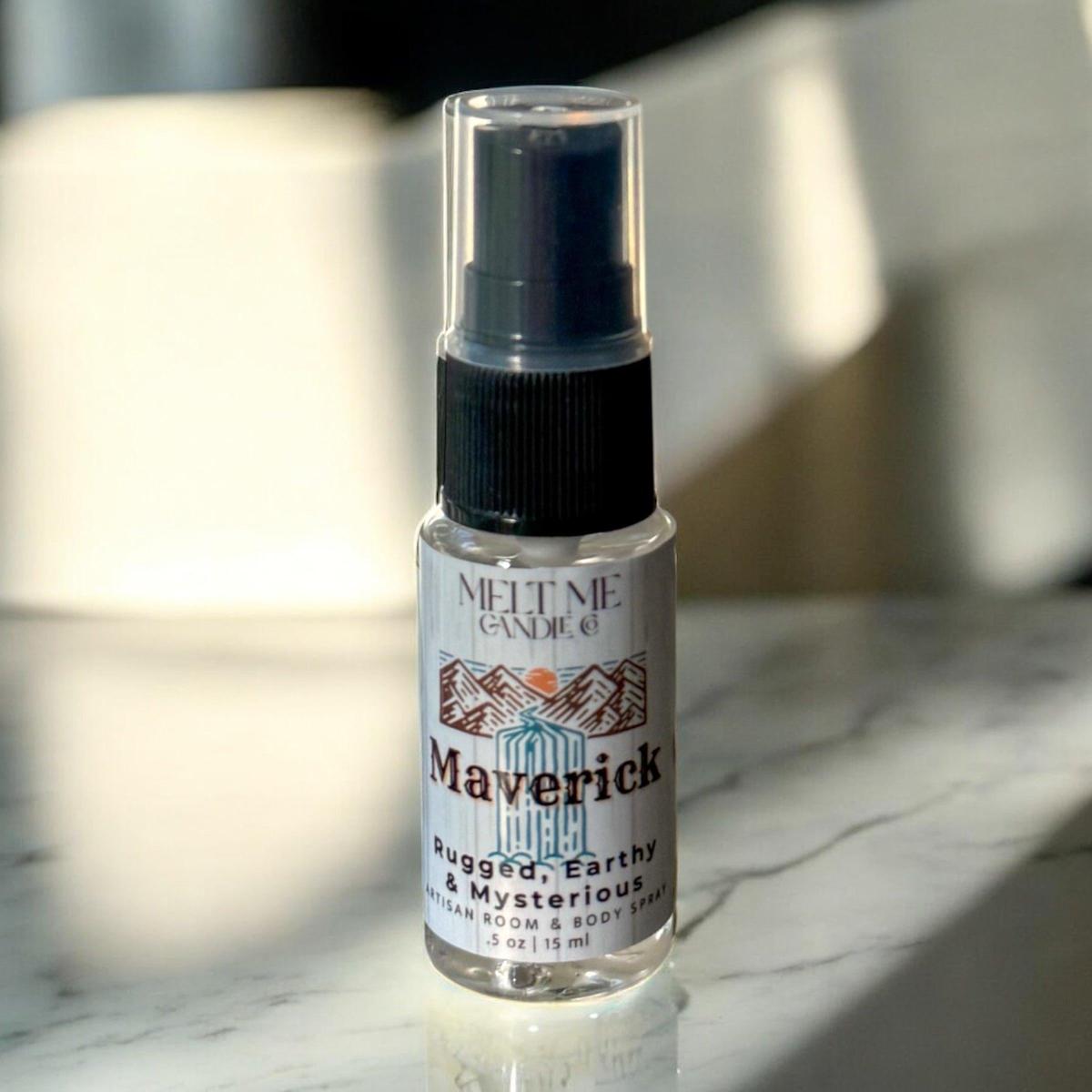 Mini spray bottle labeled 'Maverick' on a marble surface