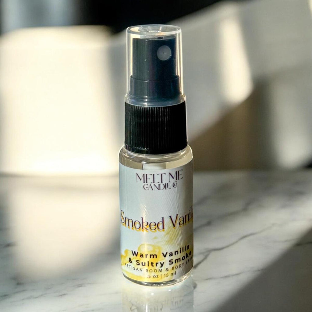 Smoked Vanilla mini spray bottle on a marble surface