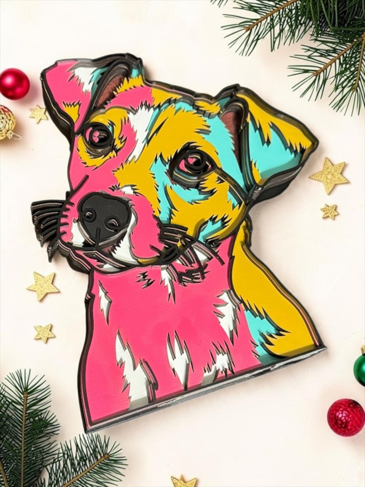 Colorful six-layer Jack Russell Terrier tabletop art with holiday greenery