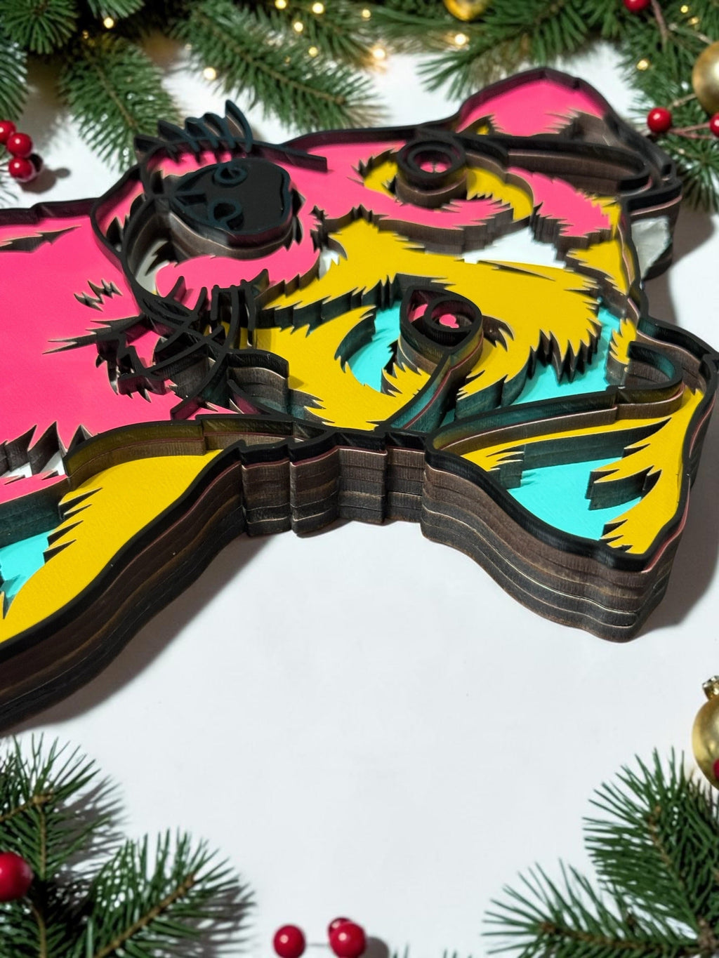 Close-up showing the six MDF layers of colorful Jack Russell Terrier tabletop art